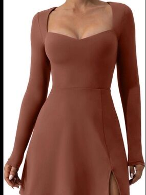 Square-Neck Long Sleeve A-Line Dress in Rust